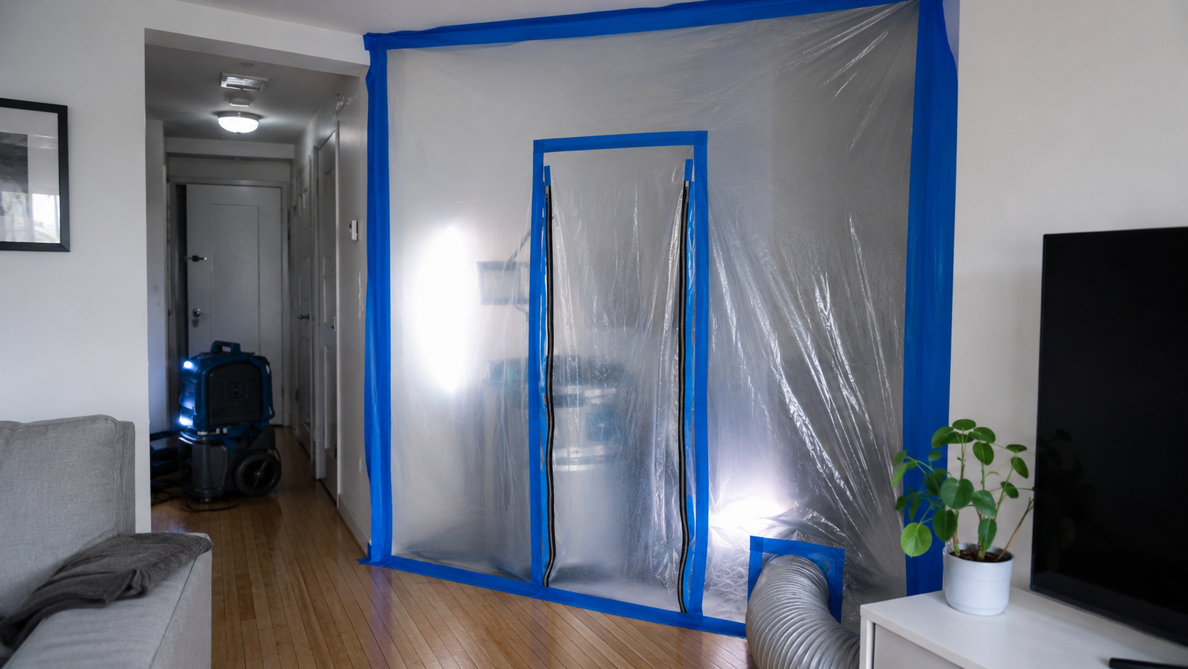 Plastic sheeting containment with negative air filtration during mold remediation