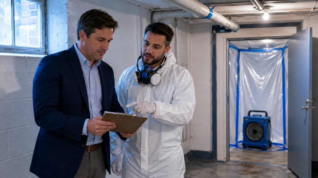 Property manager and technician in protective gear review a clipboard beside mold containment plastic in a basement.