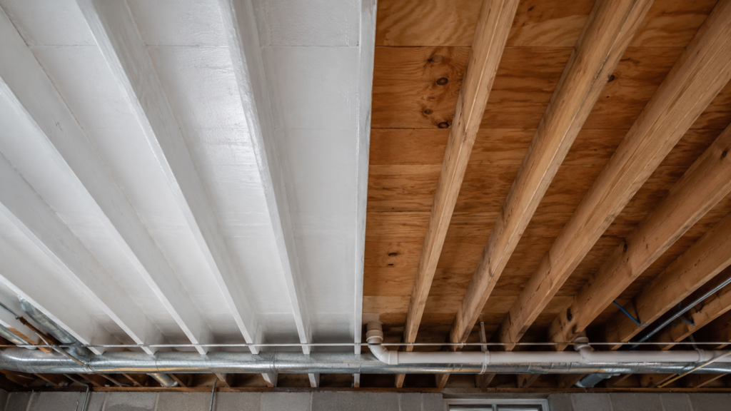 White encapsulation coating on basement joists and subfloor showing mold remediation history in an unfinished ceiling
