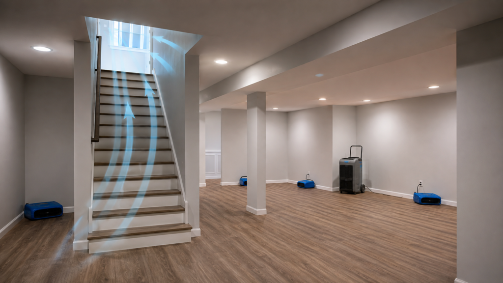 Cutaway of a finished basement with air movers and a dehumidifier and an open stairwell connecting the space to the floor above