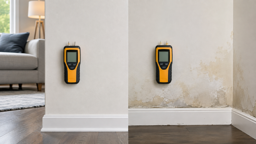 Diagram showing a moisture meter reading taken on dry wall material  and on wet wall material in the same room