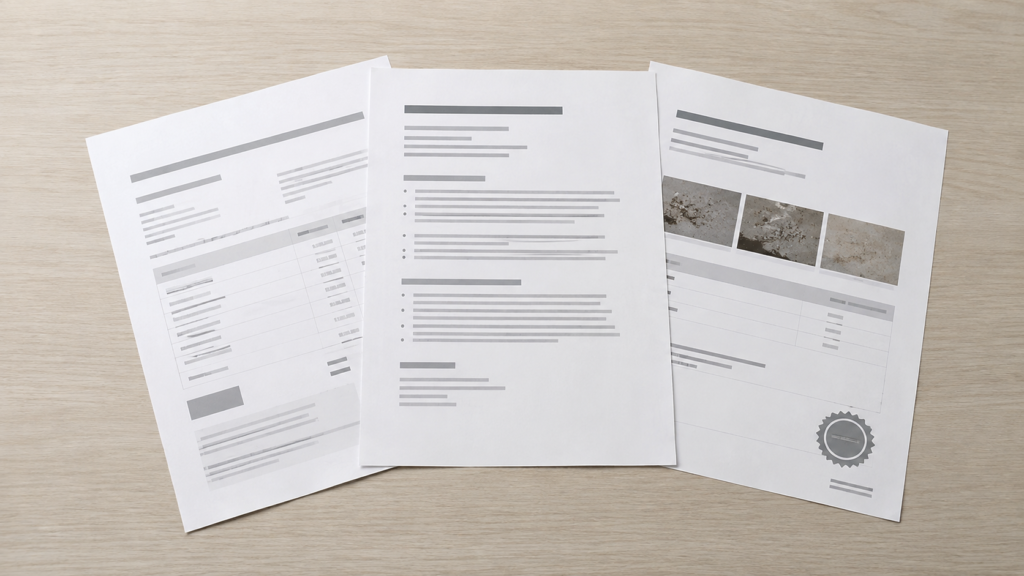 Document set a New York seller hands a buyer, scope of work, clearance report and plumbing invoice