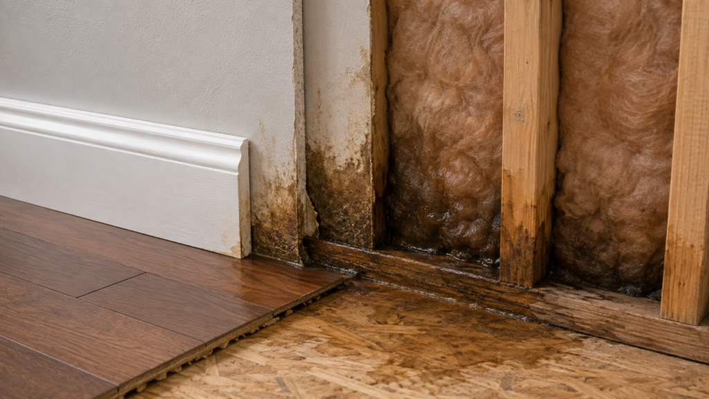 Cross-section of a wall base showing flooring, baseboard, sheetrock and wet insulation, the layers that decide how long water damage restoration takes