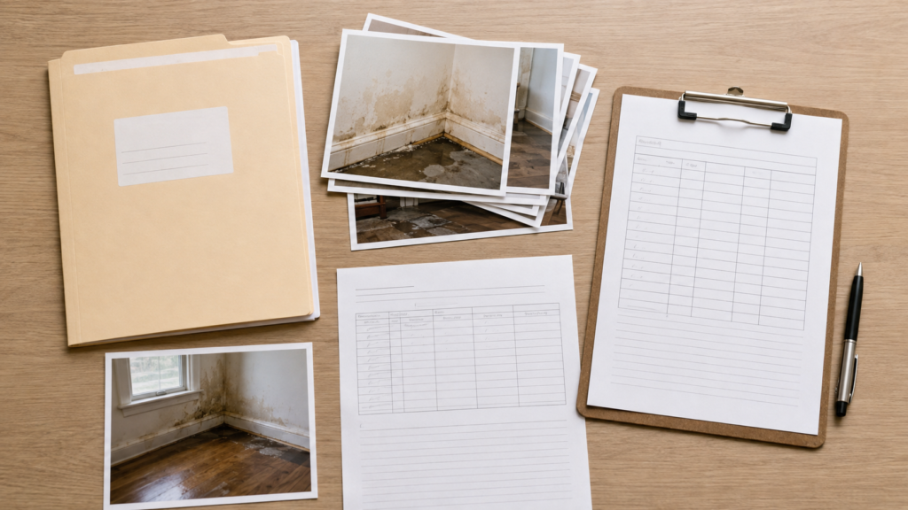 Illustration of a water damage claim file with dated photographs, a moisture reading log and an equipment record