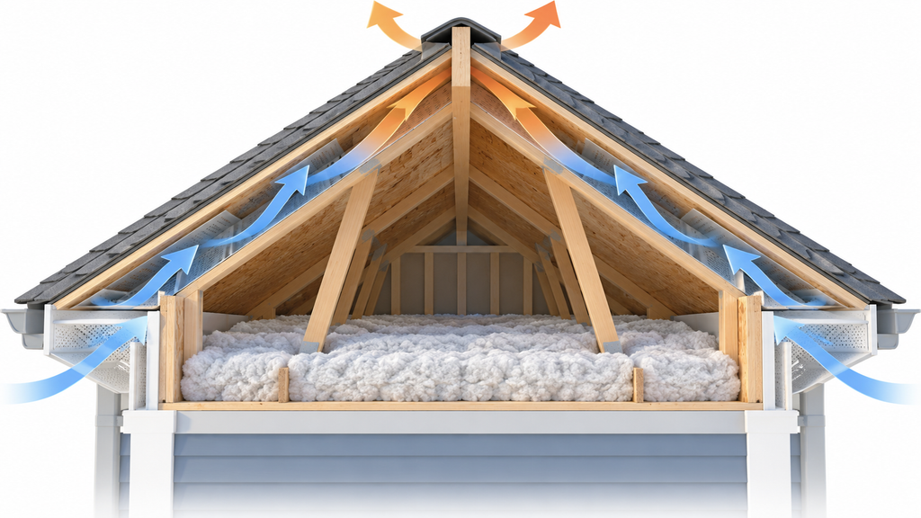 Diagram of attic airflow entering through soffit vents, passing over
insulation baffles and leaving through a ridge vent