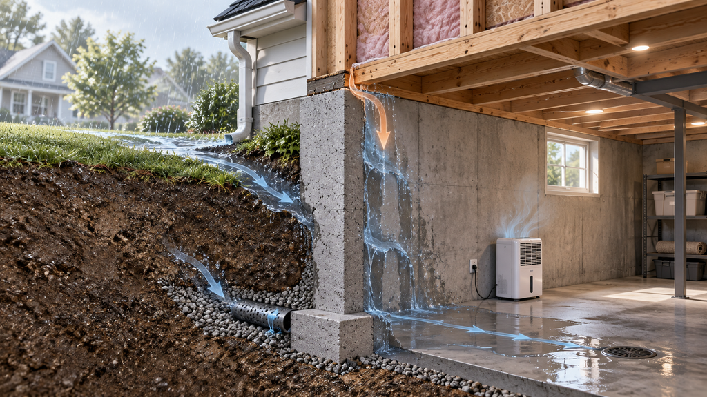 Cross-section of a frame house basement showing rainwater from soil
sloped toward the house entering through the foundation wall and the
sill plate