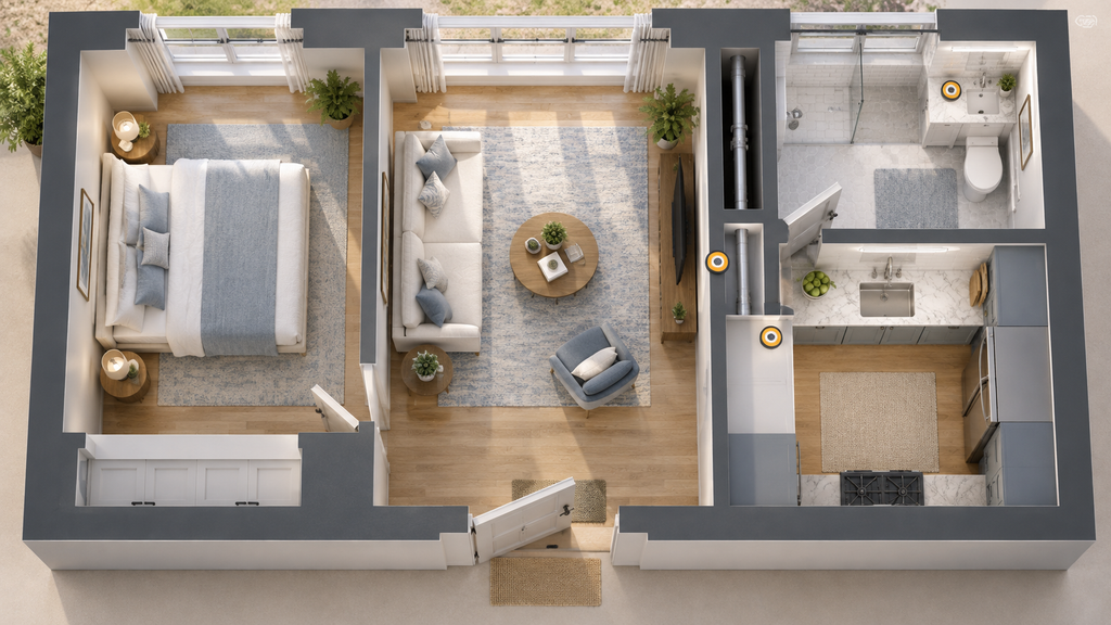 Floor plan of a New York apartment marking where to place humidity
gauges near the bathroom, kitchen and riser walls to track the
humidity level to prevent mold