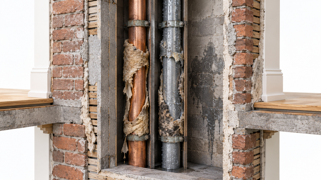 Cross-section of hot and cold pipe risers inside a prewar Manhattan
masonry chase, with condensation forming on the pipes and the wall
beside them